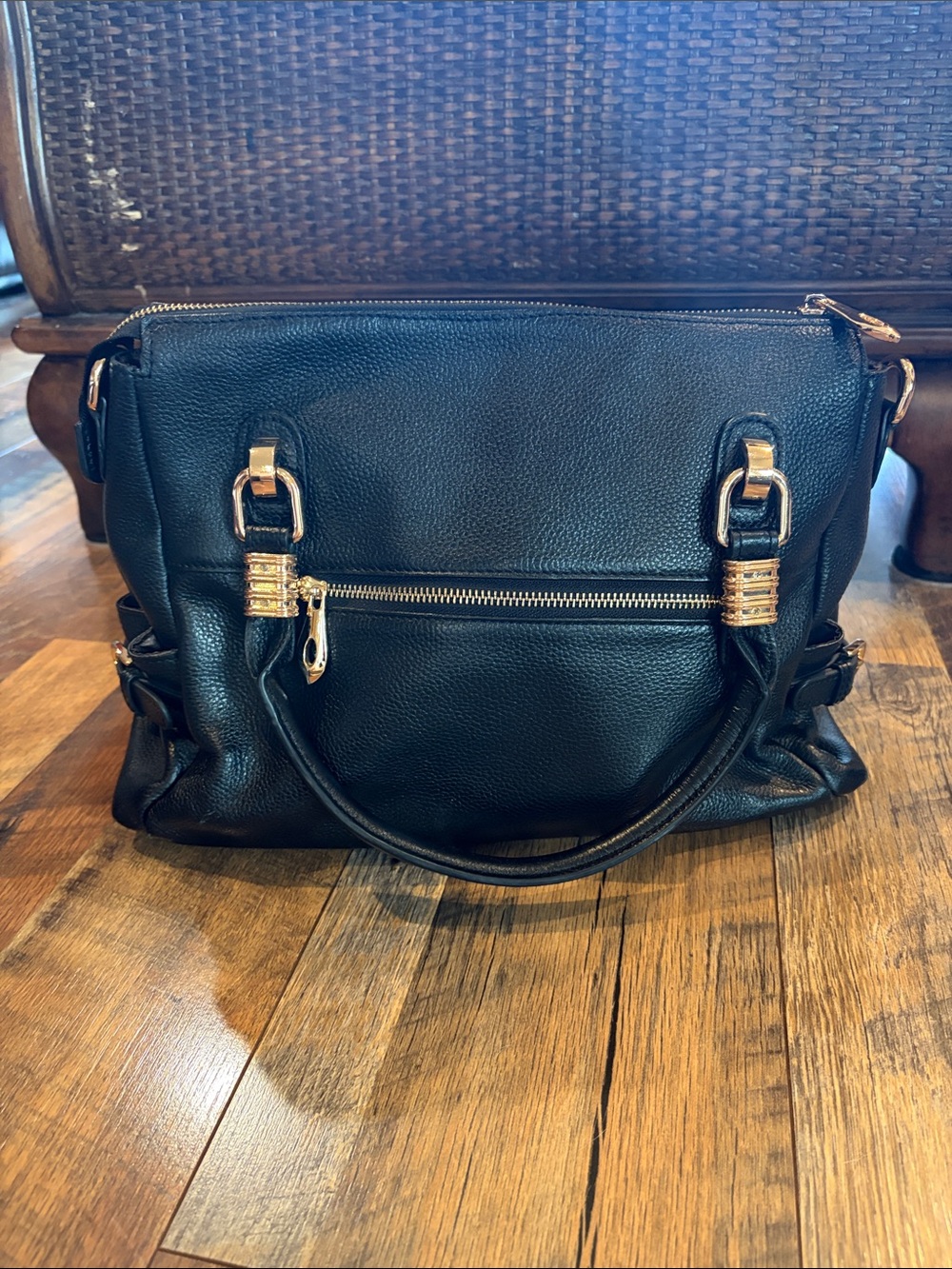 Kattee Black Leather Satchel Handbag with Gold Hardware